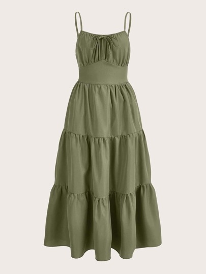 Solid Ruched Bust Ruffle Hem Cami Dress