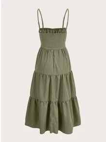 ROMWE Robe À Fines Brides Unicolore À Ruchés À Volants - Militaire verte - Voir 2