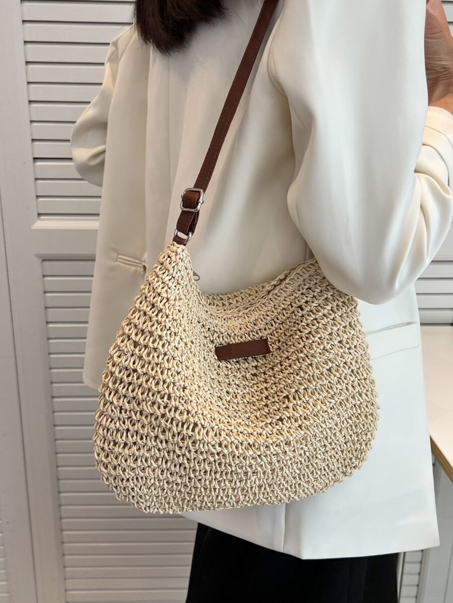 字母貼飾草編包 - 米色 - 查看 1