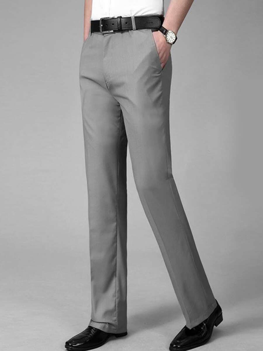 Men Suit Pants Nút Túi Dây kéo màu trơn - Xám - Xem 1