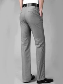 Men Suit Pants Nút Túi Dây kéo màu trơn - Xám - Xem 2