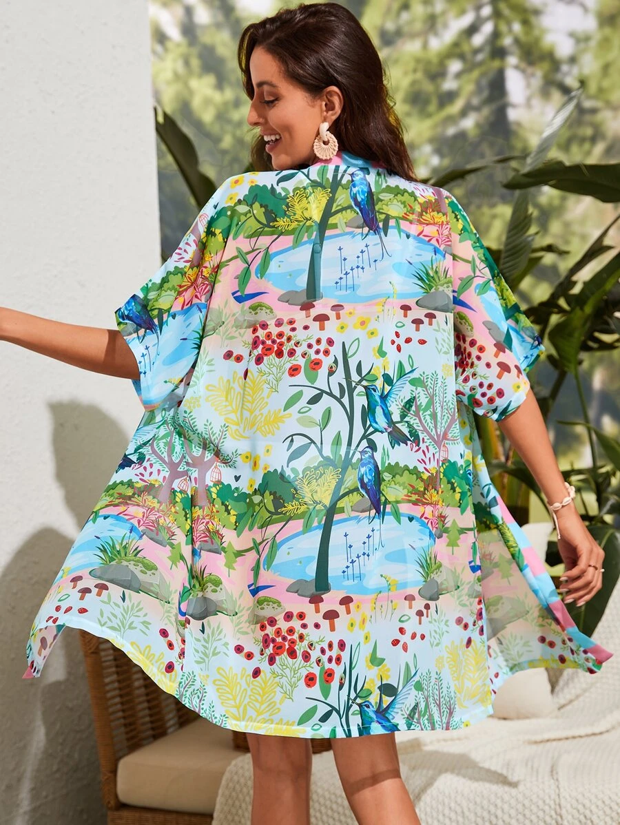 Plants & Animal Print Batwing Sleeve Open Front Kimono - Multicolor - View 1