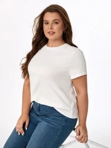 SHEIN BASICS 大尺碼純色圓領t卹 - 白色 - 查看 3