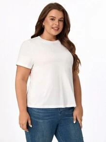 SHEIN BASICS 大尺碼純色圓領t卹 - 白色 - 查看 4