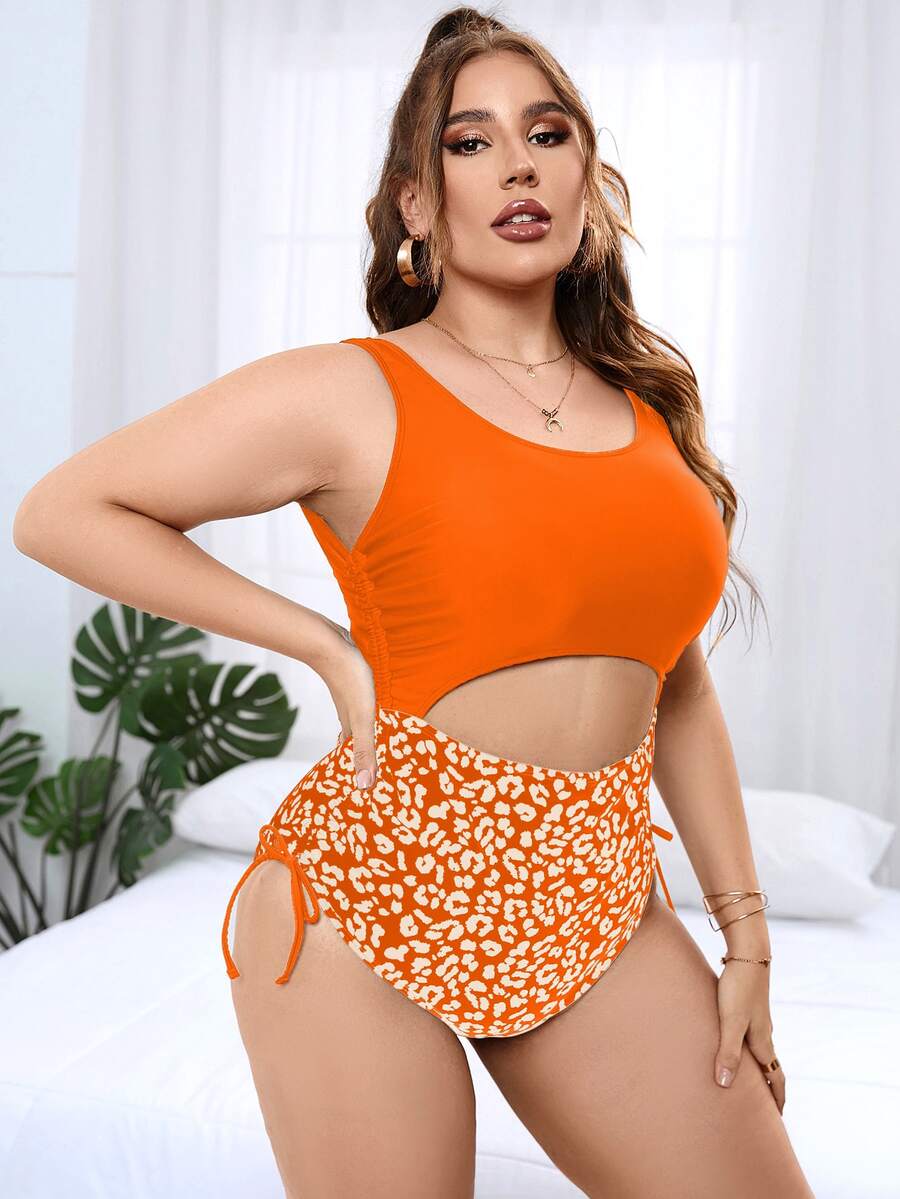 Plus Leopard Cut-out One Piece Swimsuit - Orange - View 1