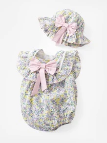 Bộ đồ liền thân in hoa nơ mùa hè cho bé gái có mũ siêu dễ thương - Nhiều màu - Xem 1