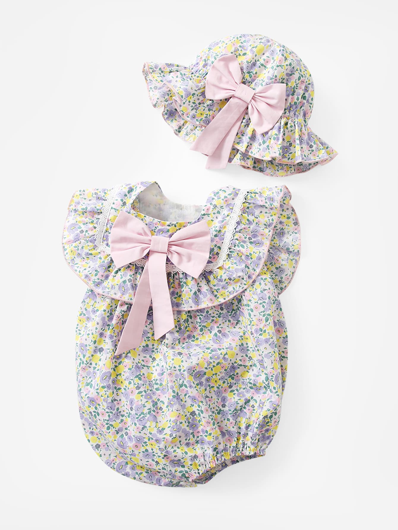 Bộ đồ liền thân in hoa nơ mùa hè cho bé gái có mũ siêu dễ thương - Nhiều màu - Xem 1