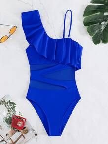 Swim Lushoire 女士纯色拼布荷叶边不对称领口性感连体泳衣，荷叶边无束缚