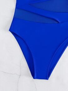 Swim Lushoire 女士纯色拼布荷叶边不对称领口性感连体泳衣，荷叶边无束缚