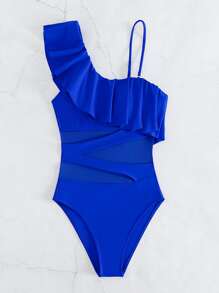 Swim Lushoire 女士纯色拼布荷叶边不对称领口性感连体泳衣，荷叶边无束缚