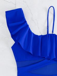 Swim Lushoire 女士纯色拼布荷叶边不对称领口性感连体泳衣，荷叶边无束缚