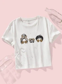 SHEIN Girls Figure Graphic Drop Shoulder Water-Repellent Tee - White - View 1