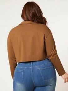 SHEIN BASICS Plus  Solid Polo Neck Crop Tee - Brown - View 2