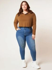 SHEIN BASICS Plus  Solid Polo Neck Crop Tee - Brown - View 3