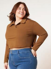 SHEIN BASICS Plus  Solid Polo Neck Crop Tee - Brown - View 4