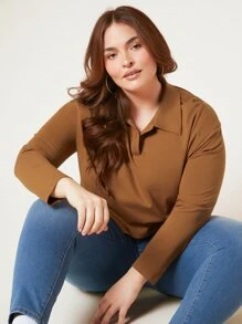 SHEIN BASICS Plus  Solid Polo Neck Crop Tee - Brown - View 5