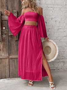 SHEIN VCAY 一字肩打褶短款上衣和褶邊高衩半身裙 - 玫紅色 - 查看 3