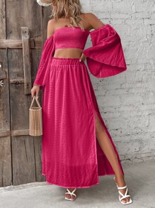 SHEIN VCAY 一字肩打褶短款上衣和褶邊高衩半身裙 - 玫紅色 - 查看 4