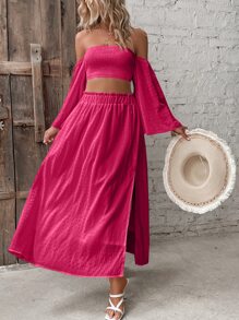 SHEIN VCAY 一字肩打褶短款上衣和褶邊高衩半身裙 - 玫紅色 - 查看 6