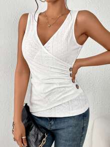 SHEIN Clasi Top tank con bordado con ojal con diseño de botón fruncido lateral - Blanco - Ver 4