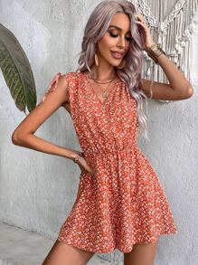 SHEIN LUNE Áo liền quần nữ Buộc lại Trọn gói Họa tiết hoa Boho - Màu Cam cháy - Xem 4