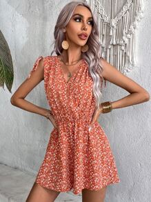 SHEIN LUNE Áo liền quần nữ Buộc lại Trọn gói Họa tiết hoa Boho - Màu Cam cháy - Xem 5