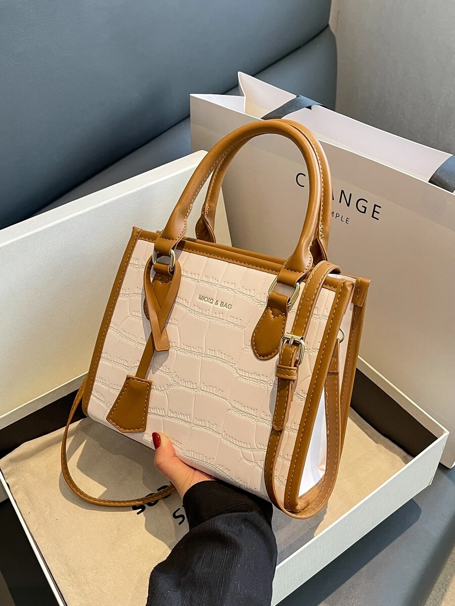 鱷魚壓紋撞色滾邊方包 - 白色 - 查看 1