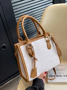 鱷魚壓紋撞色滾邊方包 - 白色 - 查看 2