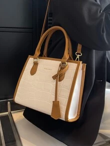 鱷魚壓紋撞色滾邊方包 - 白色 - 查看 5