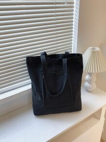 男士简约拉链前购物袋书包，大容量，轻便，便携，适合青少年女孩女大学生，适合女性或学生的文学书包和书包，非常适合书籍、购物、返校等 - 黑色 - 查看 4