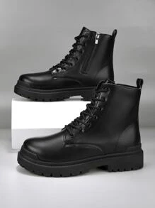 Men Zipper Side Lace-up Front Combat Boots - Black - View 1
