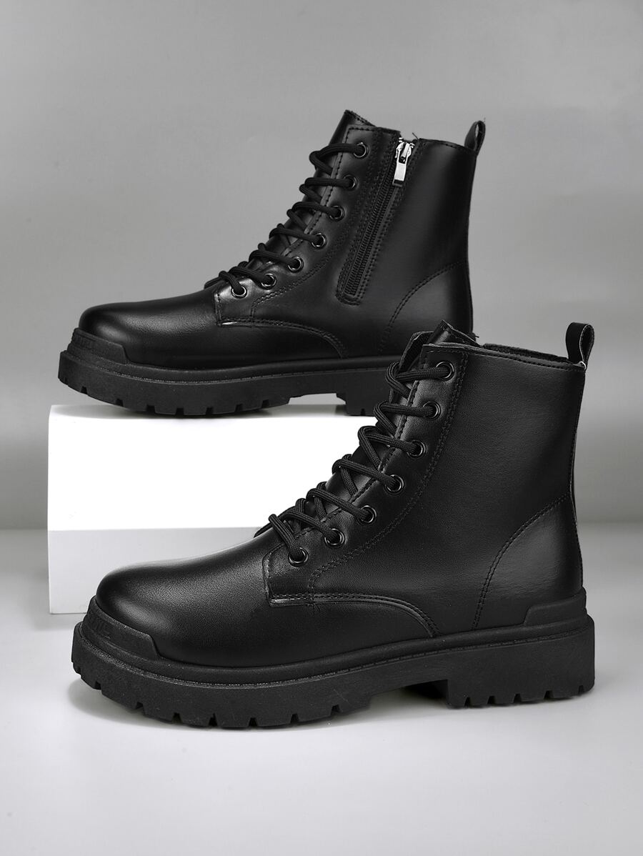 Men Zipper Side Lace-up Front Combat Boots - Black - View 1