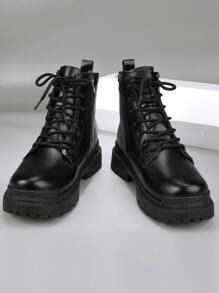 Men Zipper Side Lace-up Front Combat Boots - Black - View 2