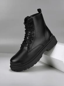 Men Zipper Side Lace-up Front Combat Boots - Black - View 4