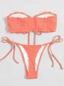 SHEIN Swim 夏季海滩系带前抹胸丁字裤比基尼两件套比基尼女士比基尼套装抹胸比基尼 - 珊瑚粉 - 查看 4