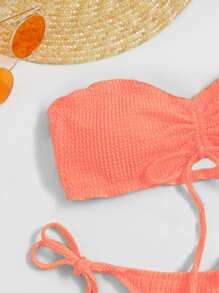 SHEIN Swim 夏季海滩系带前抹胸丁字裤比基尼两件套比基尼女士比基尼套装抹胸比基尼 - 珊瑚粉 - 查看 5