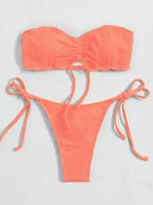 SHEIN Swim 夏季海滩系带前抹胸丁字裤比基尼两件套比基尼女士比基尼套装抹胸比基尼 - 珊瑚粉 - 查看 6