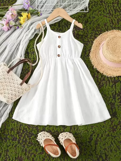 SHEIN Young Girl White Spring Style V-neck Spaghetti Strap Dress With Rolled Edge & Elastic Waist For Summer