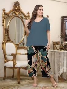 Mulvari Plus V Neck Top & Leaf Trousers - Blue - View 4