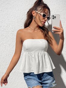 SHEIN EZwear Áo nữ Lộ Lưng Viên lá sen Buộc lại màu trơn Giải trí - trắng - Xem 6
