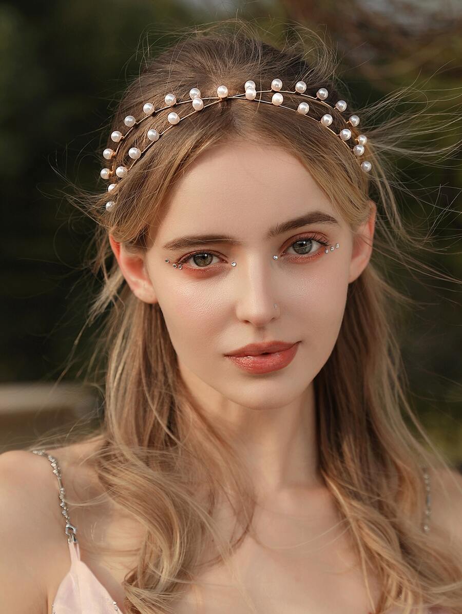 Băng đô trang trí ngọc trai giả - Hoa hồng vàng - Xem 1