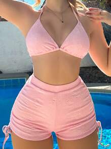Swim Mod Summer Beach Solid Bikini Set Halter Triangle Bra & High Waisted Boxer Shorts 2 Pieces Bikini - Baby Pink - View 1