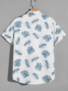 Manfinity VCAY 男士熱帶圖案翻折袖前排扣襯衫 - 黑與白 - 查看 2