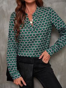SHEIN LUNE Allover Geo Print Notched Neck Blouse - Green - View 1