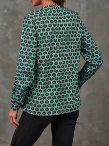 SHEIN LUNE Allover Geo Print Notched Neck Blouse - Green - View 2