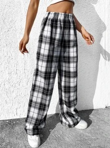 SHEIN EZwear 松紧腰格纹休闲阔腿裤 - 黑與白 - 查看 5
