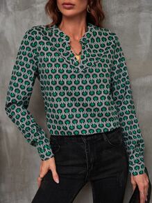 SHEIN LUNE Allover Geo Print Notched Neck Blouse - Green - View 3