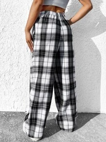SHEIN EZwear 松紧腰格纹休闲阔腿裤 - 黑與白 - 查看 2