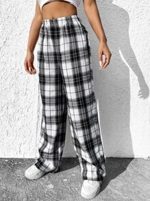 SHEIN EZwear 松紧腰格纹休闲阔腿裤 - 黑與白 - 查看 3