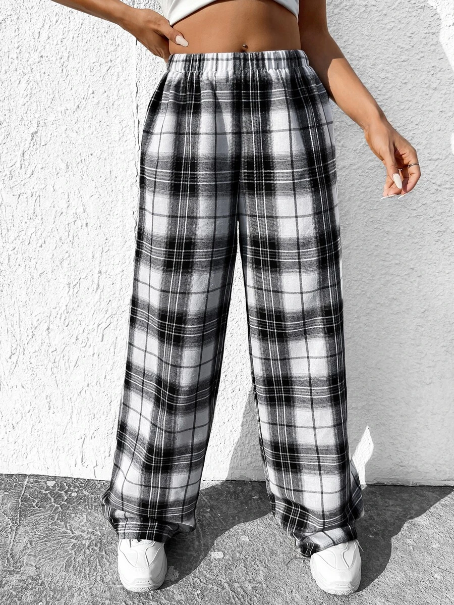 SHEIN EZwear 松紧腰格纹休闲阔腿裤 - 黑與白 - 查看 1